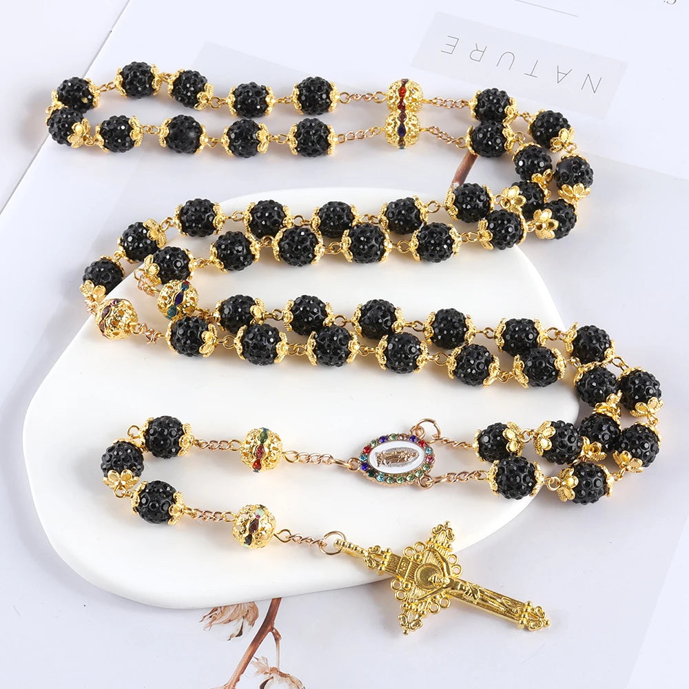 Black beaded rosary with gold accents - crystal rhinestone Catholic rosary necklace with gold Virgin Mary medal and crucifix – full 59-bead five-decade rosary