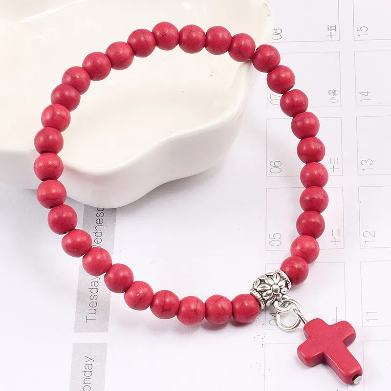 Earthy Vibes: Vintage Cross Natural Stone Beaded Bracelet