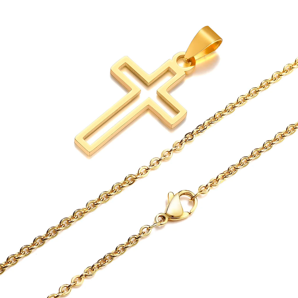 Gold cross pendant with chain on a white background