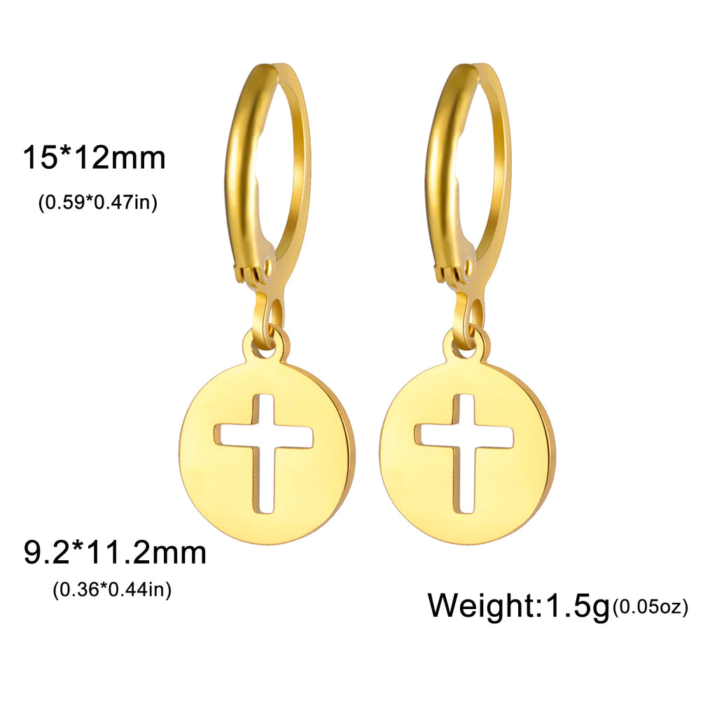 Gold hoop earrings with cross charms on a white background