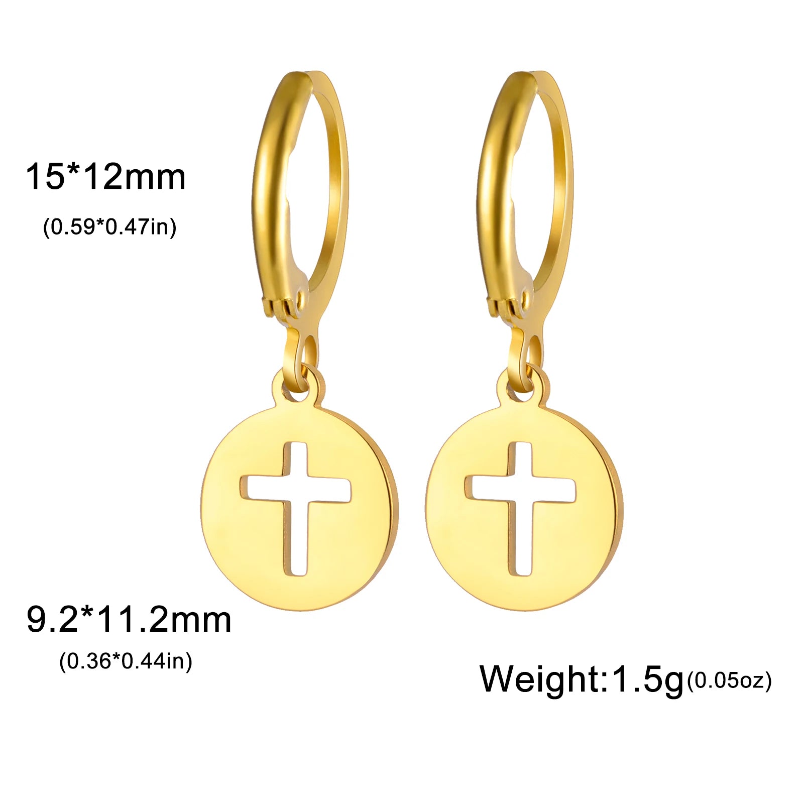 Gold hoop earrings with cross charms on a white background