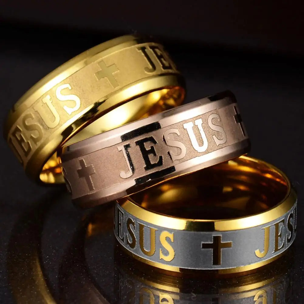 Enduring Word: Engraved 'JESUS' Cross Band Ring – Stainless Steel