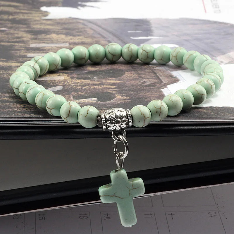 Earthy Vibes: Vintage Cross Natural Stone Beaded Bracelet