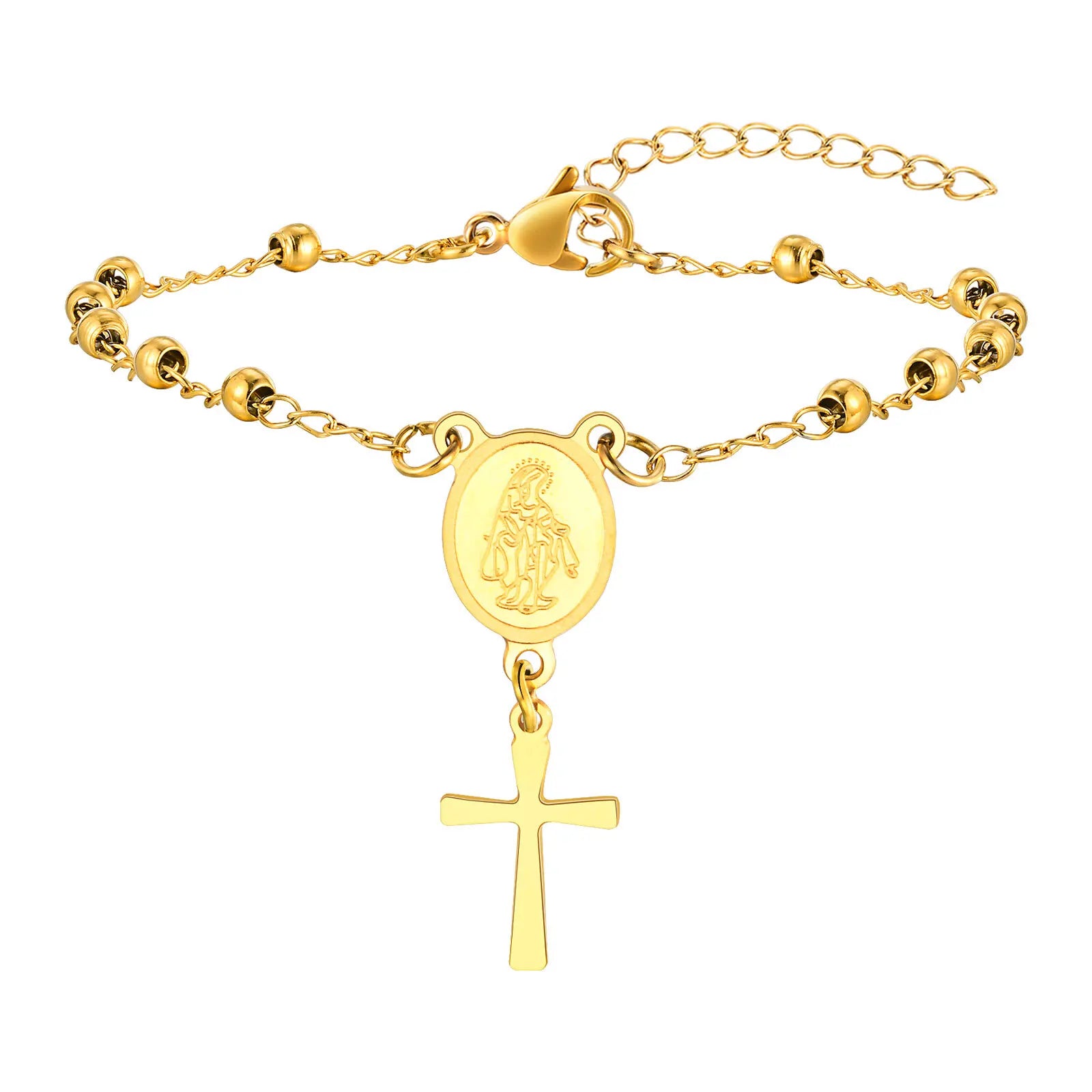 Devotional Elegance: Virgin Mary & Cross Prayer Bracelet – Stainless Steel