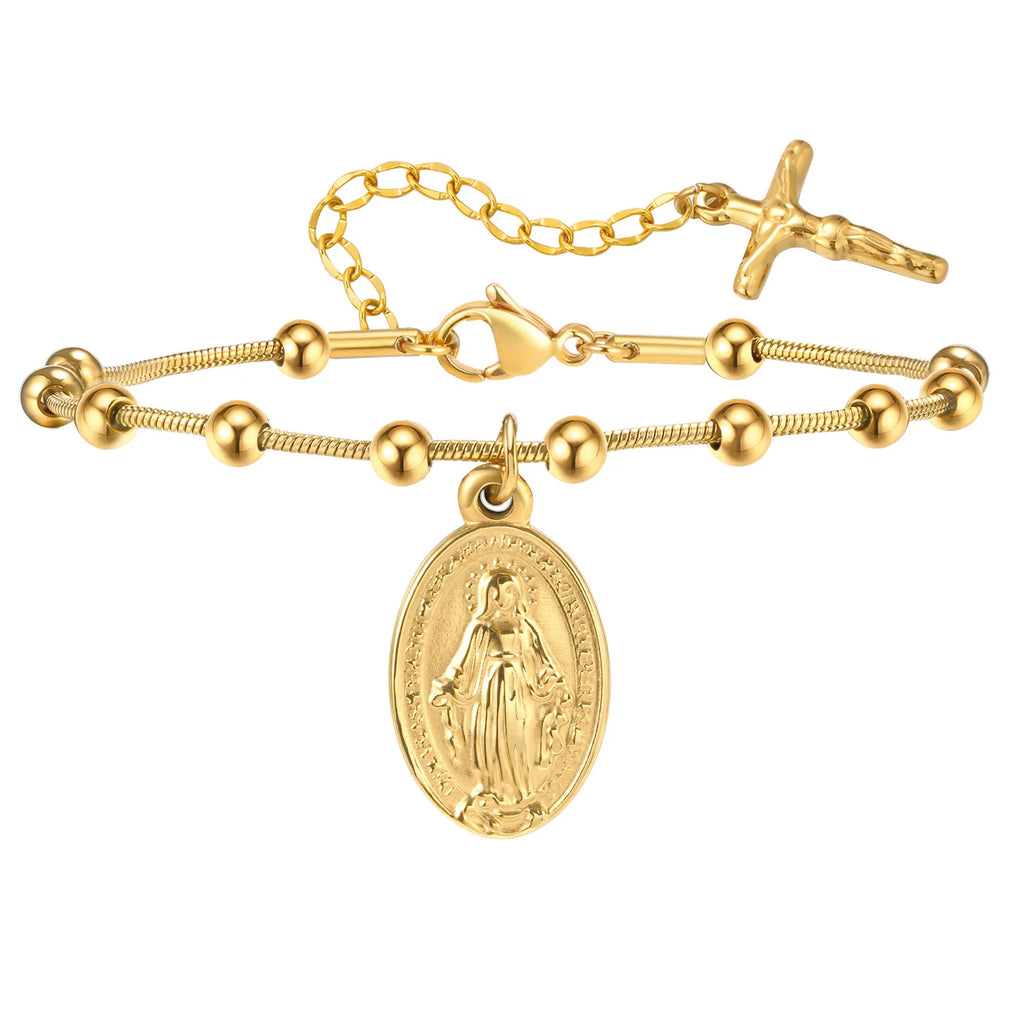 Devotional Elegance: Virgin Mary & Cross Prayer Bracelet – Stainless Steel