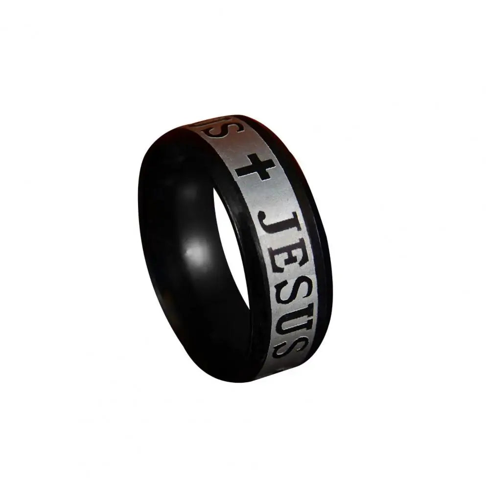 Enduring Word: Engraved 'JESUS' Cross Band Ring – Stainless Steel