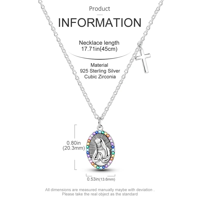 Silver necklace with a colorful pendant and cross on a white background