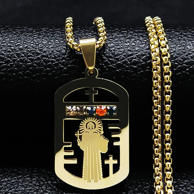 Gold pendant with religious design colourful on a gold chain, Sound-Charged Jewellery