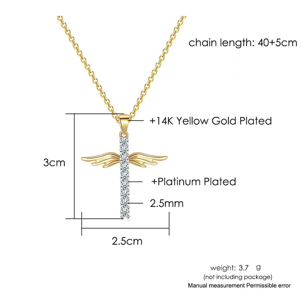 Gold necklace with measurements and material details on a white background