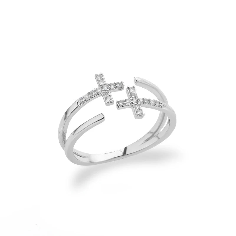 Dual Faith: Zircon Double Cross Adjustable Ring - Stainless Steel