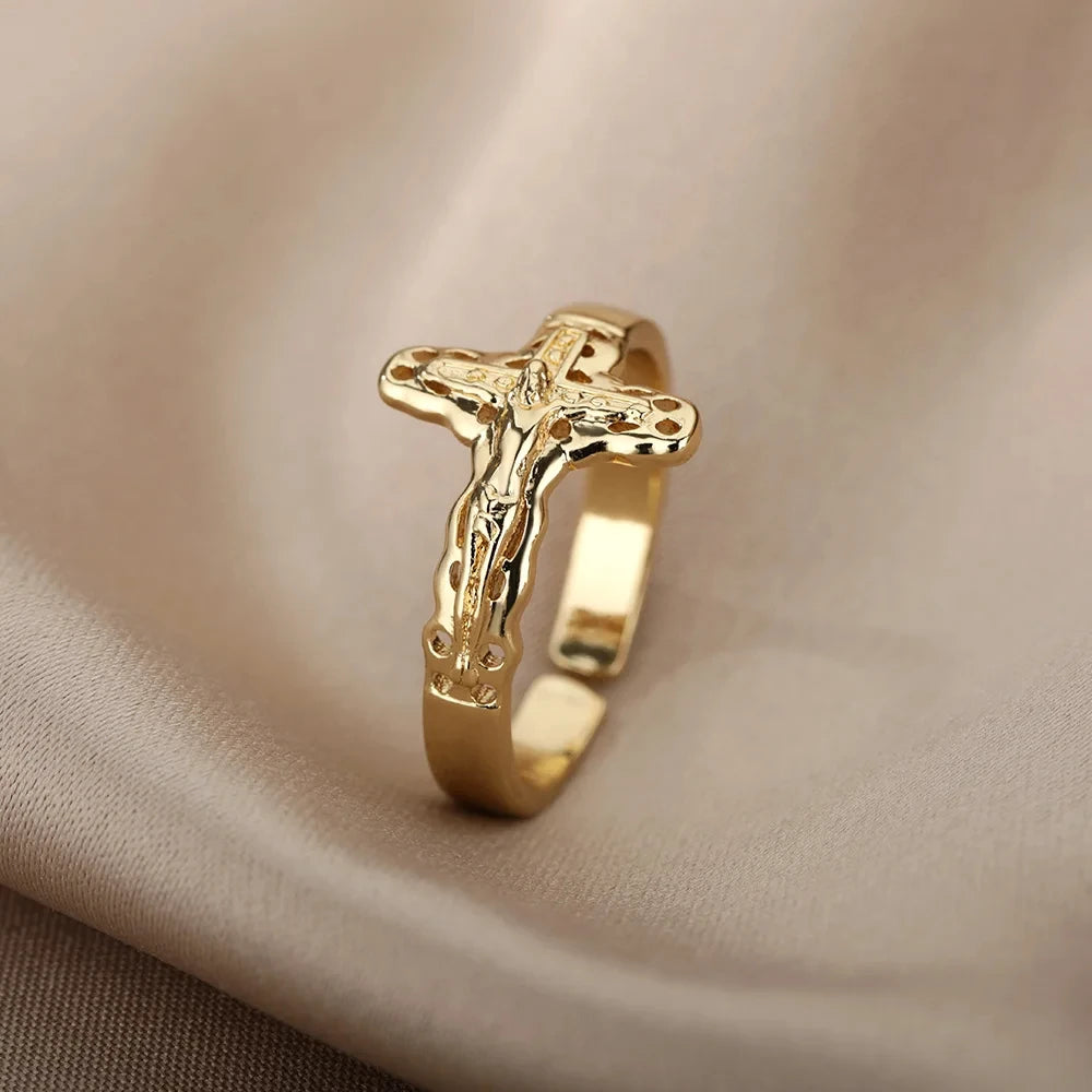 Sacred Heritage: Vintage Crucifix Adjustable Ring – Stainless Steel