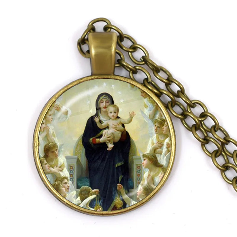Pendant with religious design of a woman holding a child surrounded by angels, on a white background.