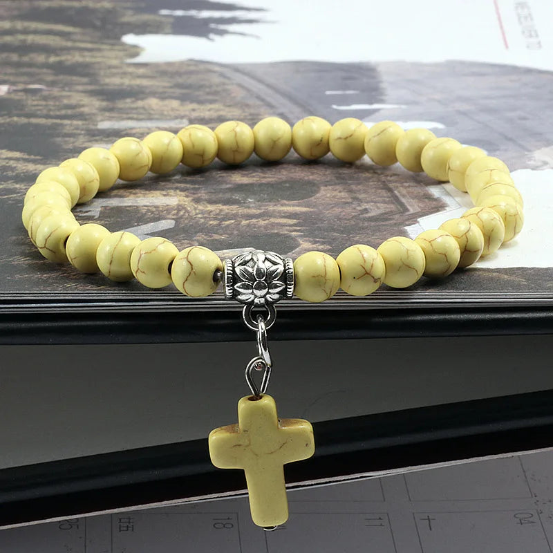Earthy Vibes: Vintage Cross Natural Stone Beaded Bracelet