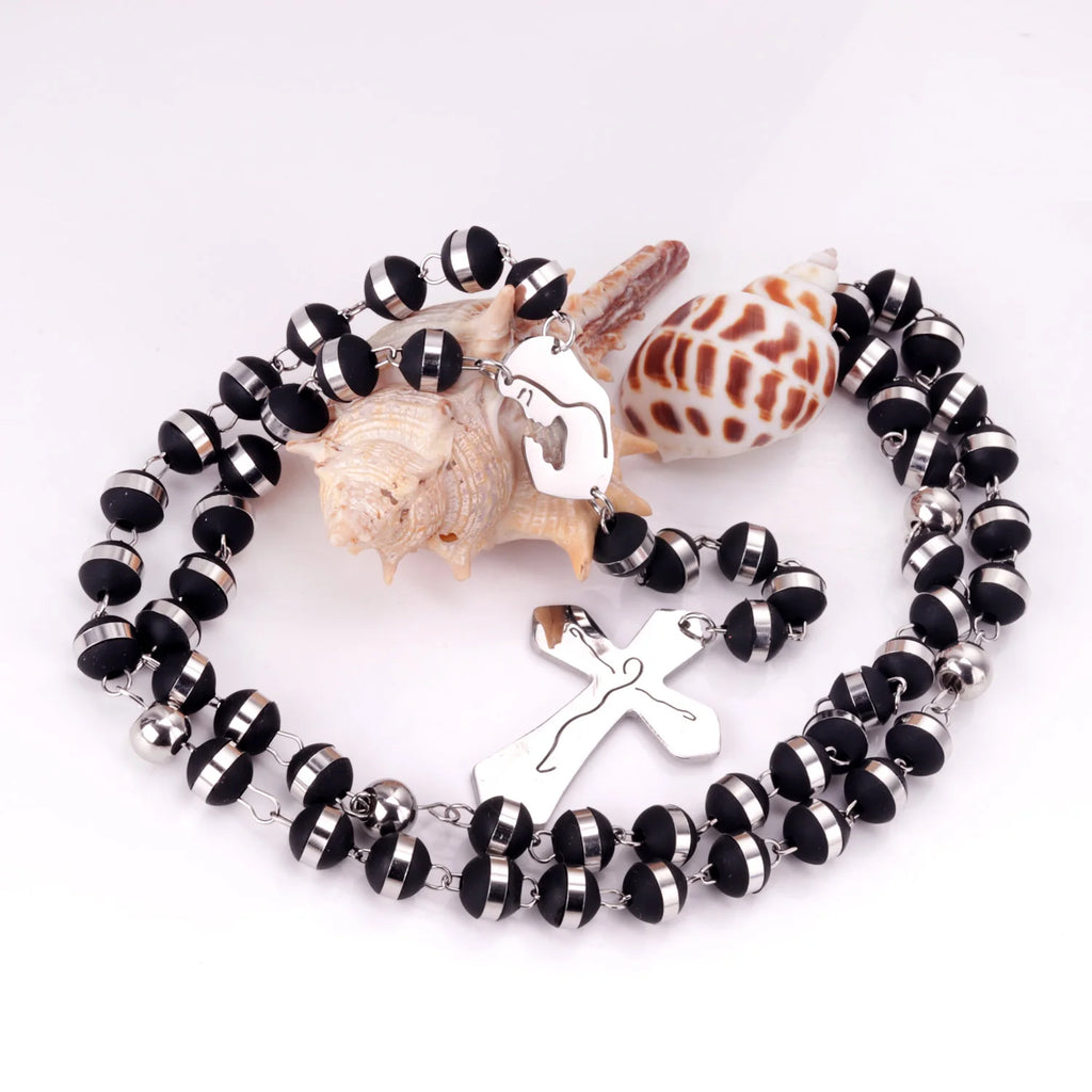 Gothic Devotion: Black Beaded Rosary Cross Pendant Necklace