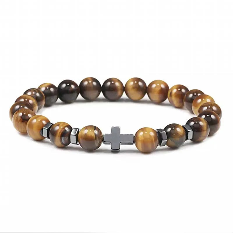 Grounded & Stylish: Natural Stone Cross Beaded Bracelet