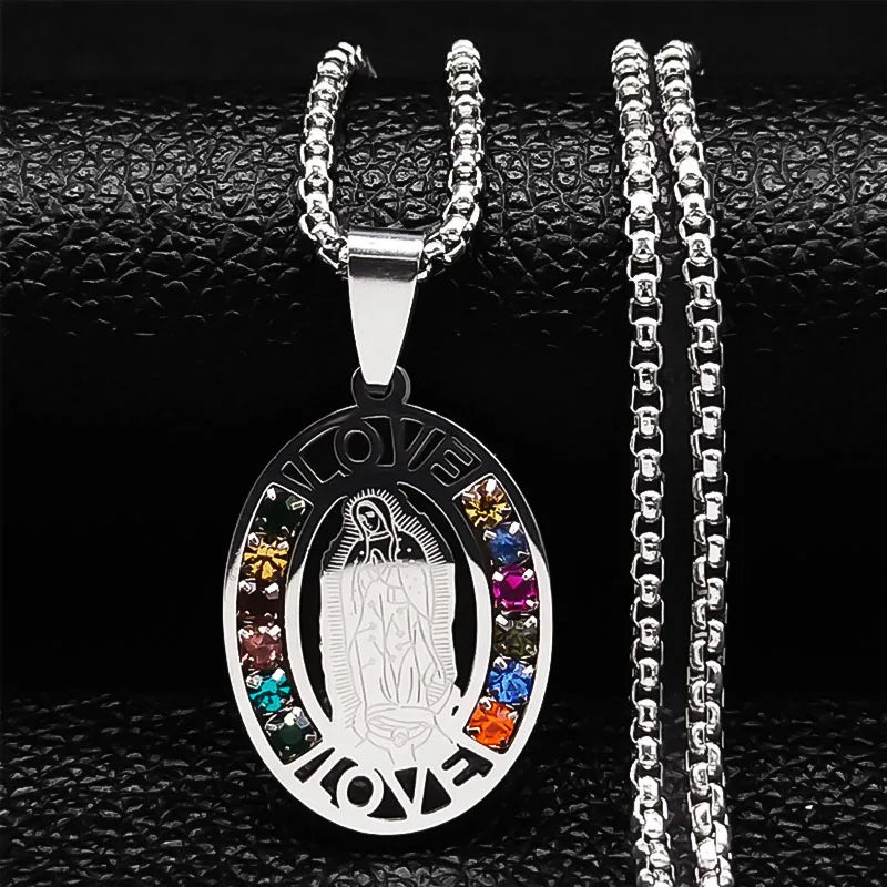 Silver pendant with colourful stones on chain