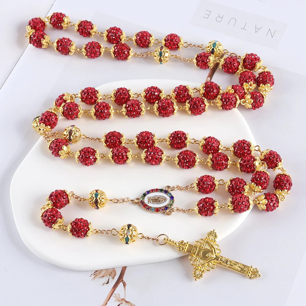 Red beaded rosary with gold accents - crystal rhinestone Catholic rosary necklace with gold Virgin Mary medal and crucifix – full 59-bead five-decade rosary