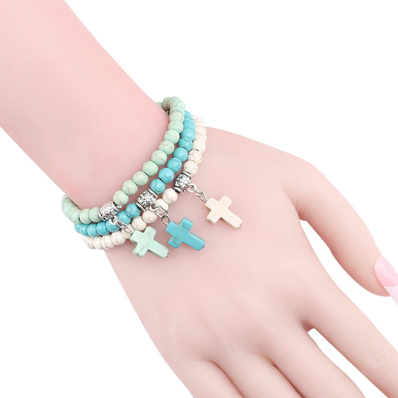 Earthy Vibes: Vintage Cross Natural Stone Beaded Bracelet