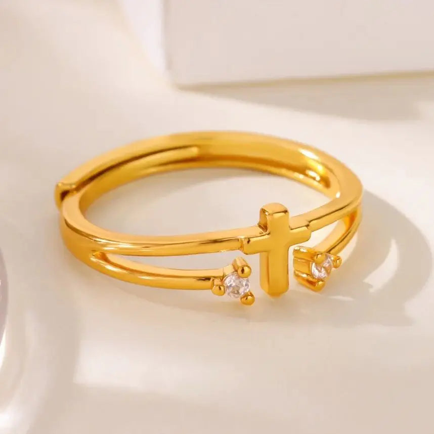 Dainty Devotion: Zircon Cross Open Ring – Gold Stainless Steel