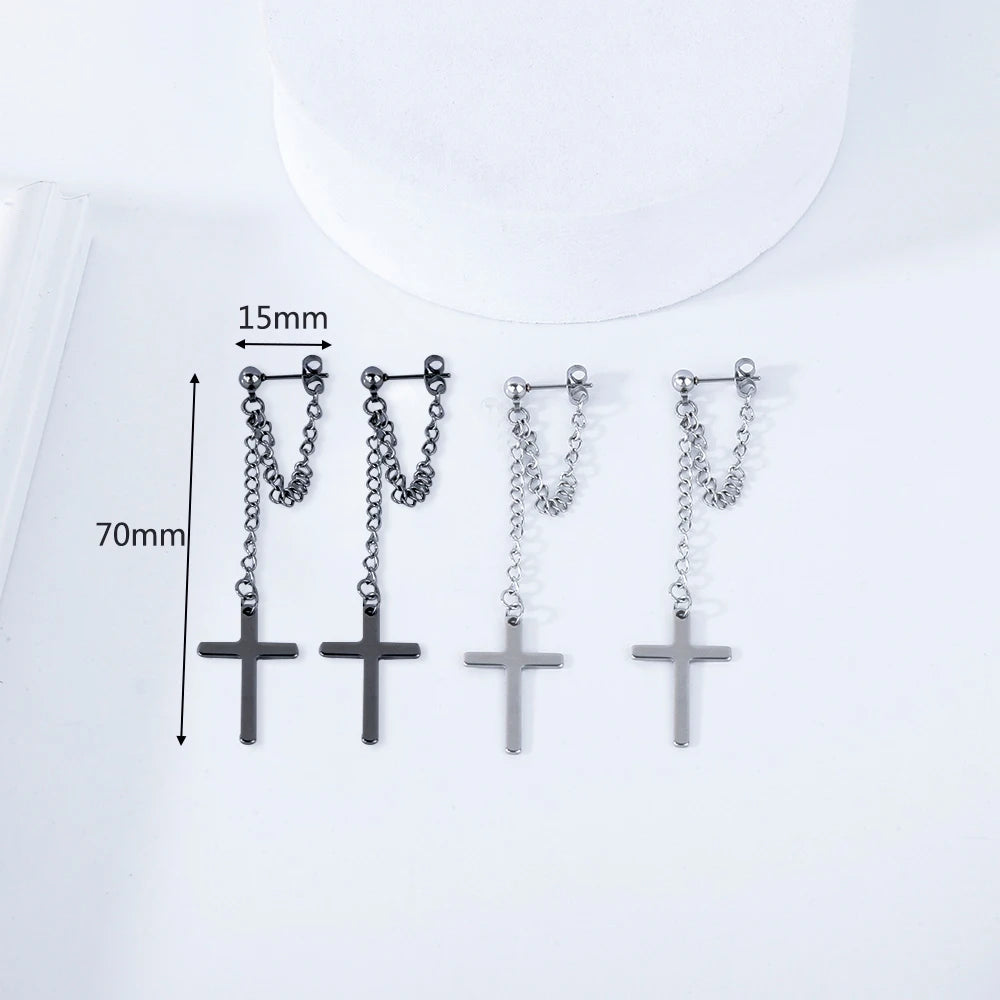 Edgy Delight:  Chain Drop Cross Stud Earrings