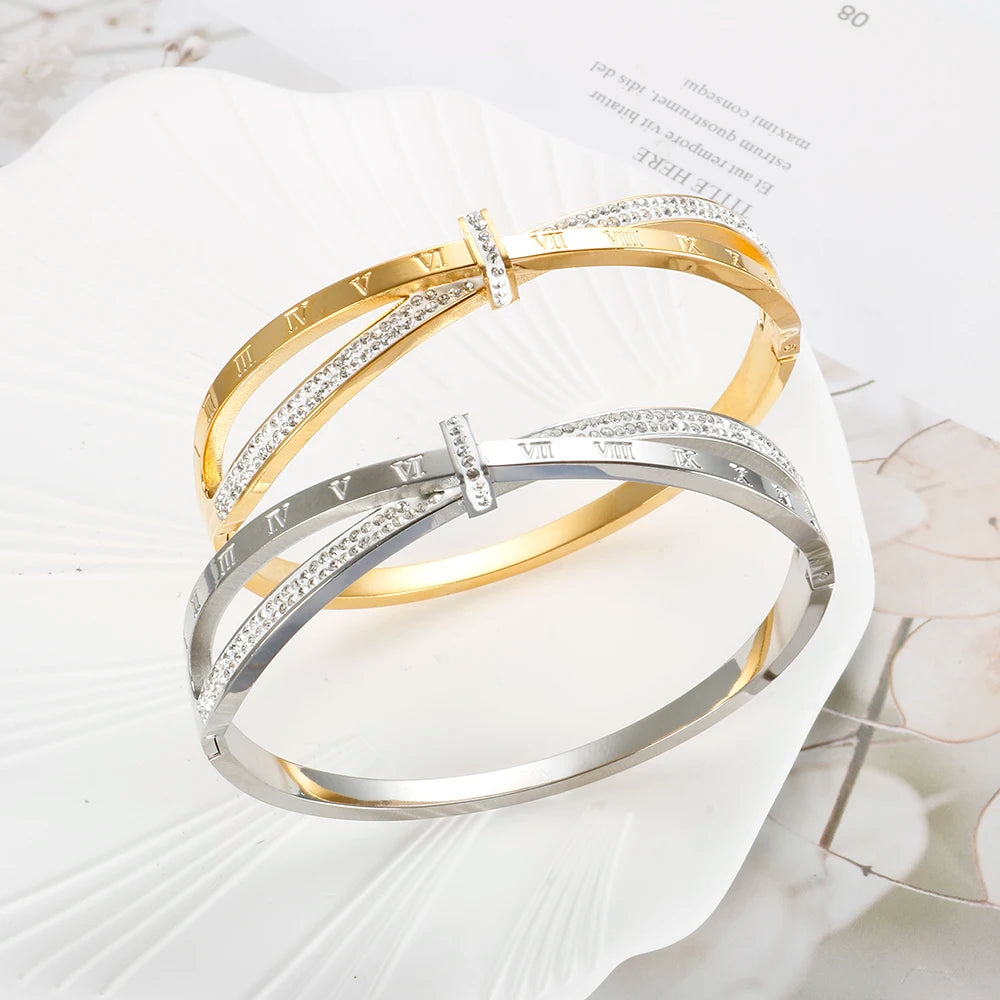 Timeless Elegance: Roman Numeral Cross Crystal Bangle