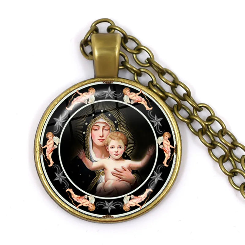 Necklace with pendant featuring a religious design on a white background