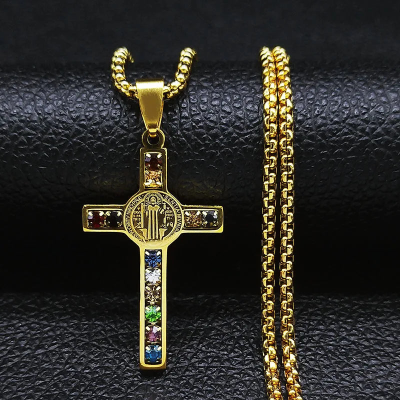 Gold cross pendant with colorful on a gold chain, Sound-Charged Jewellery
