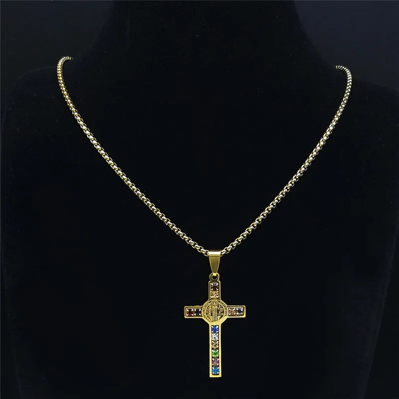 Gold colour necklace with a cross pendant on a gold chain, Sound-Charged Jewellery