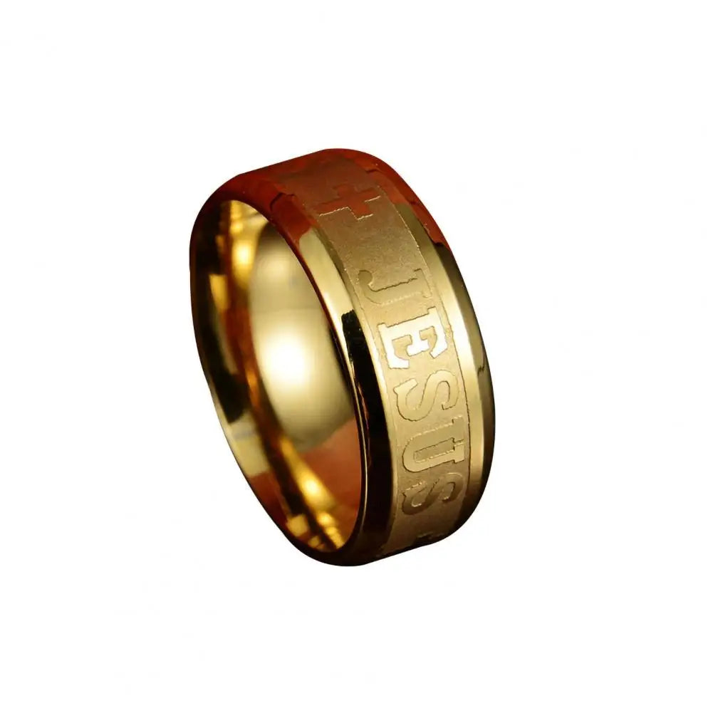 Enduring Word: Engraved 'JESUS' Cross Band Ring – Stainless Steel