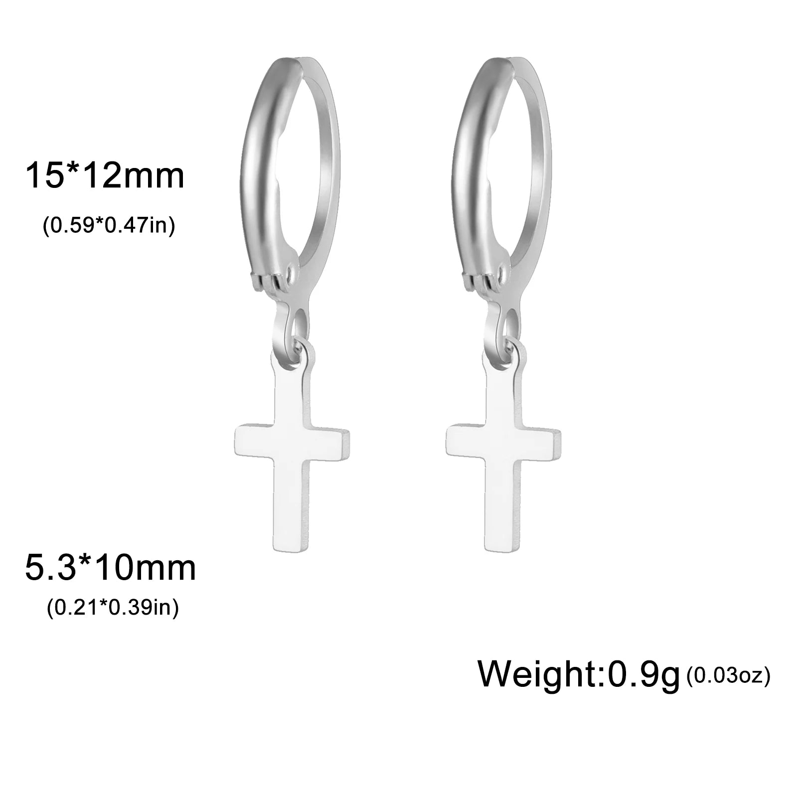 Silver hoop earrings with cross pendants on a white background