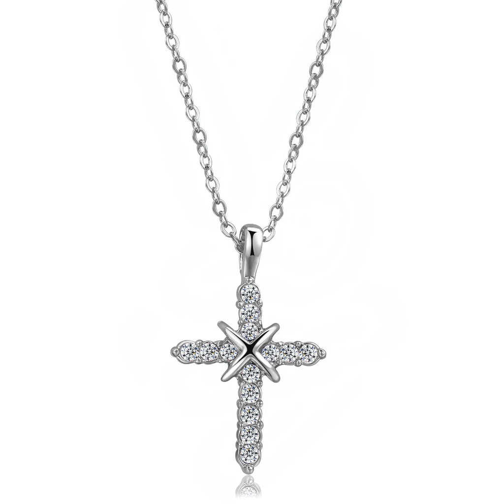 Silver cross pendant necklace on a white background