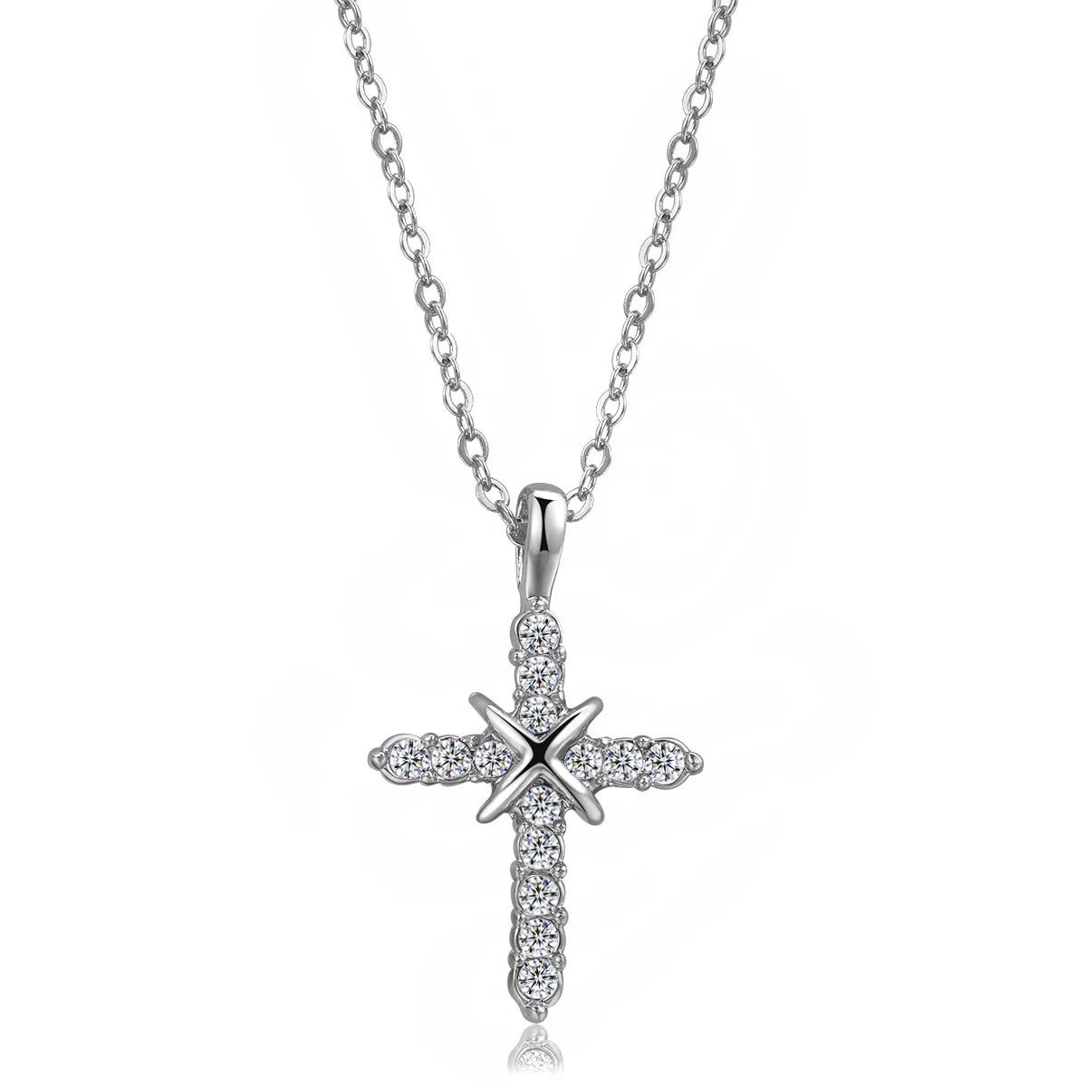 Silver cross pendant necklace on a white background