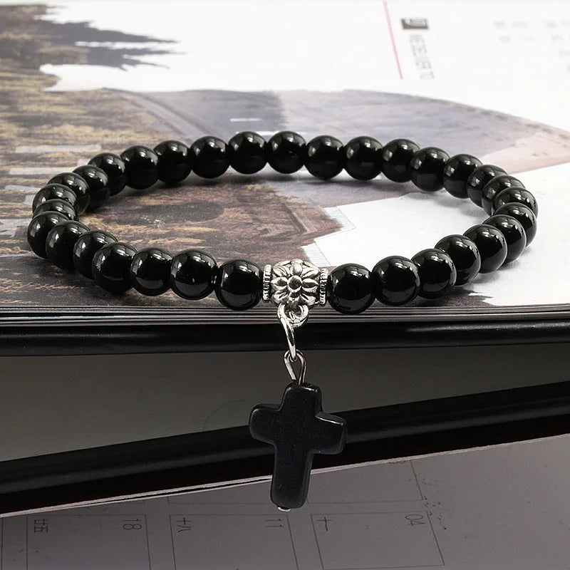 Earthy Vibes: Vintage Cross Natural Stone Beaded Bracelet