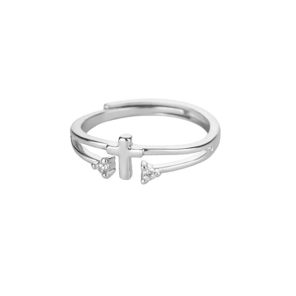 Dainty Devotion: Zircon Cross Open Ring – Gold Stainless Steel