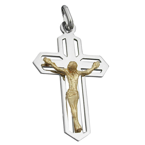 Cross pendant with gold Jesus figure on a white background