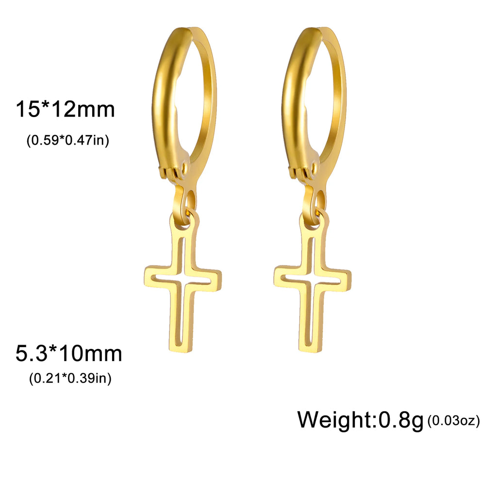 Gold hoop earrings with cross pendants and measurements on a white background