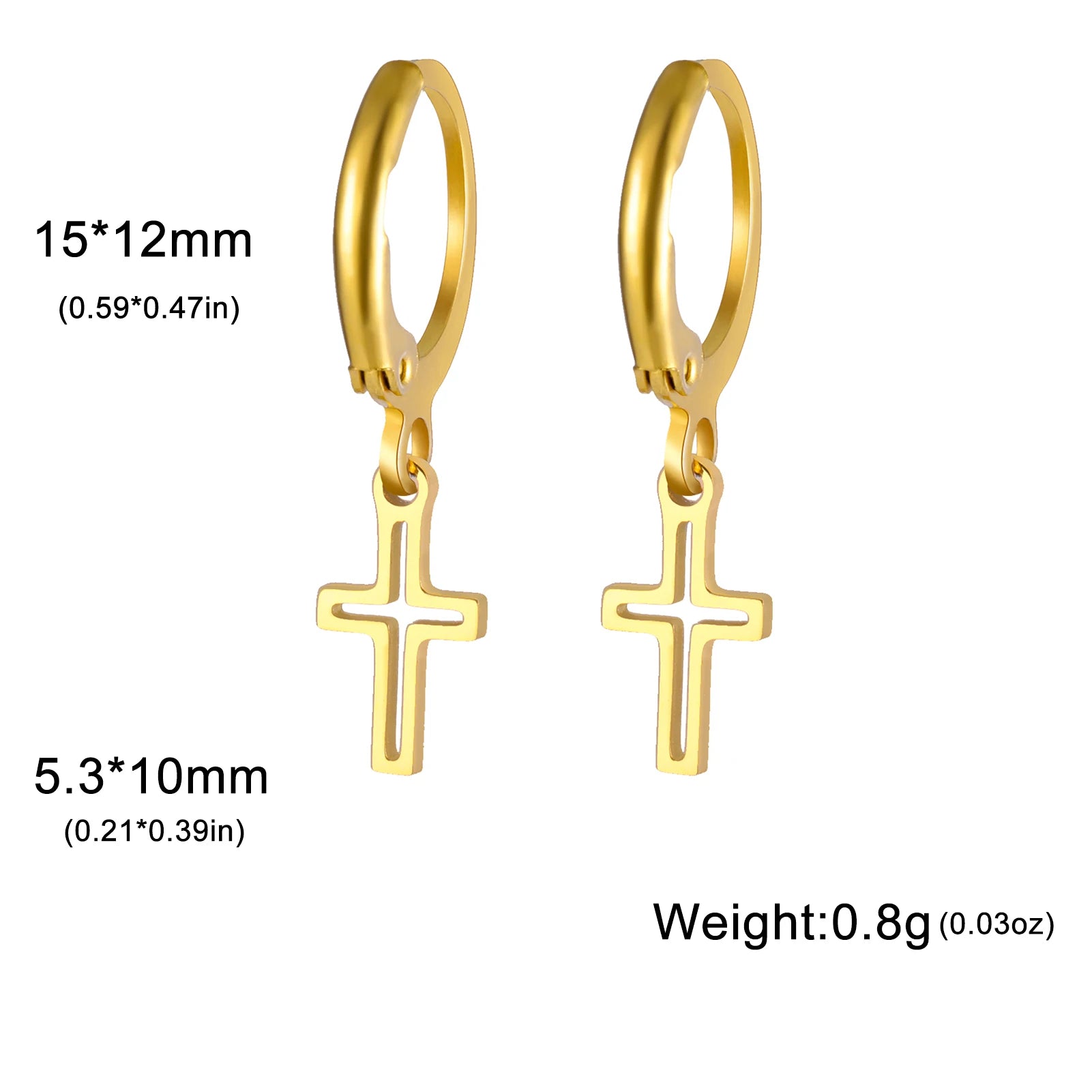 Gold hoop earrings with cross pendants and measurements on a white background