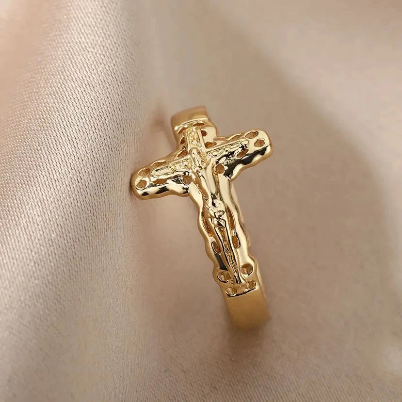 Sacred Heritage: Vintage Crucifix Adjustable Ring – Stainless Steel