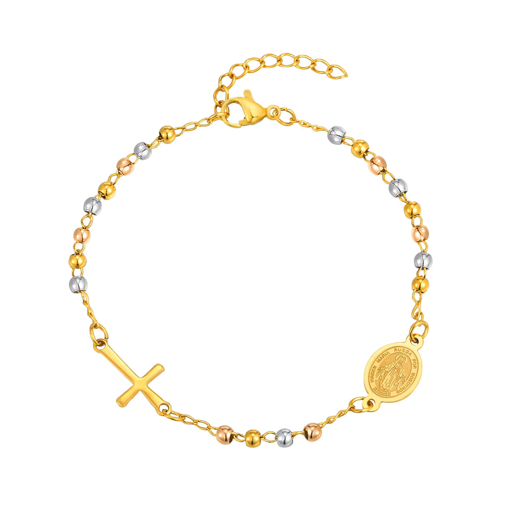 Divine Devotion: Rosary Bracelet with Virgin Mary & Cross – Stainless Steel