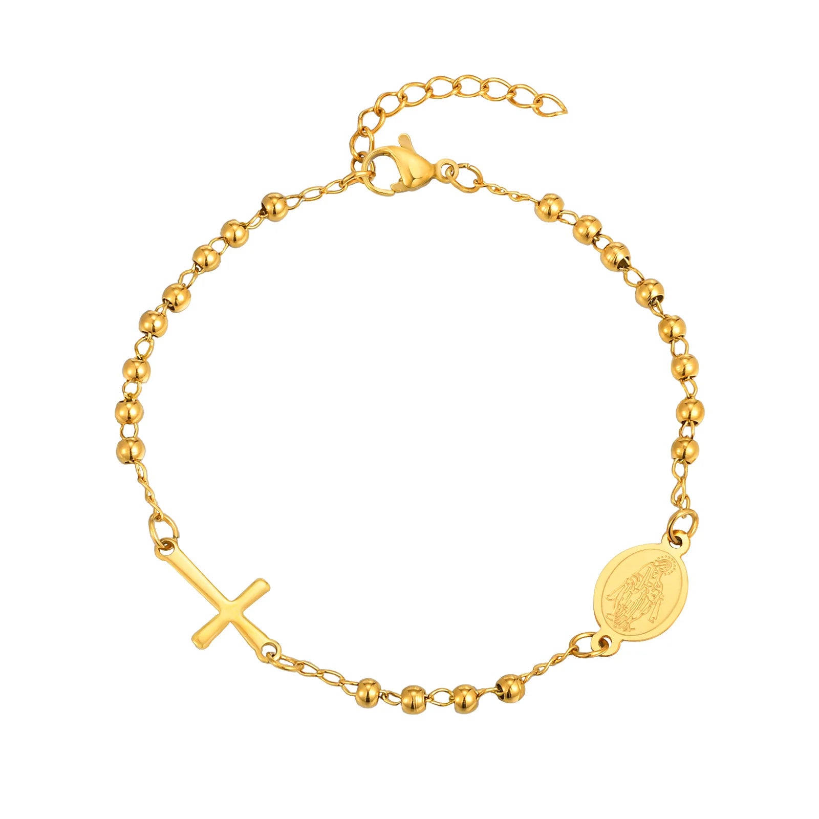 Divine Devotion: Rosary Bracelet with Virgin Mary & Cross – Stainless Steel