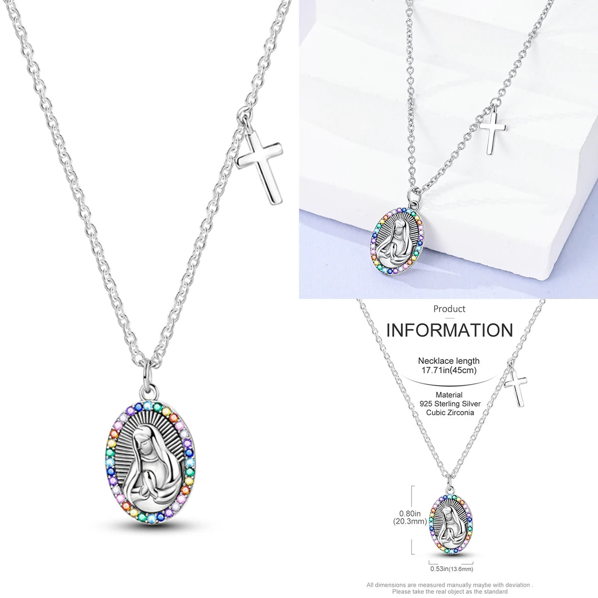 Rainbow of Grace: Sterling Silver Virgin Mary Necklace with Zirconia Halo