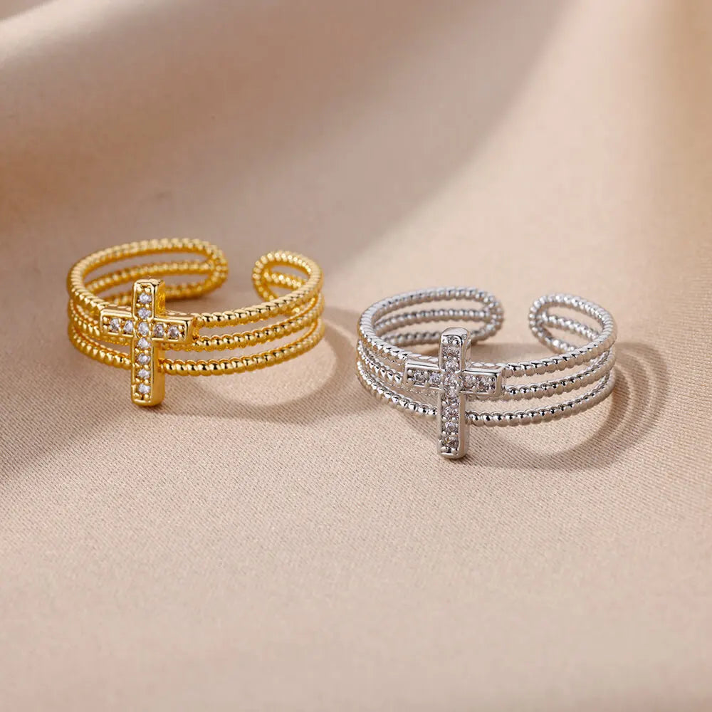 Layered Sparkle: Zircon Cross Adjustable Band Ring – Stainless Steel