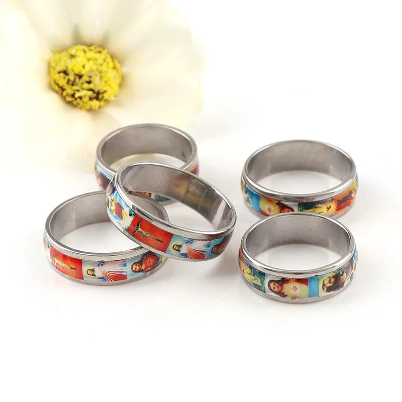 Shared Faith: Stainless Steel Enamel Religious Round Rings (Pair Set)