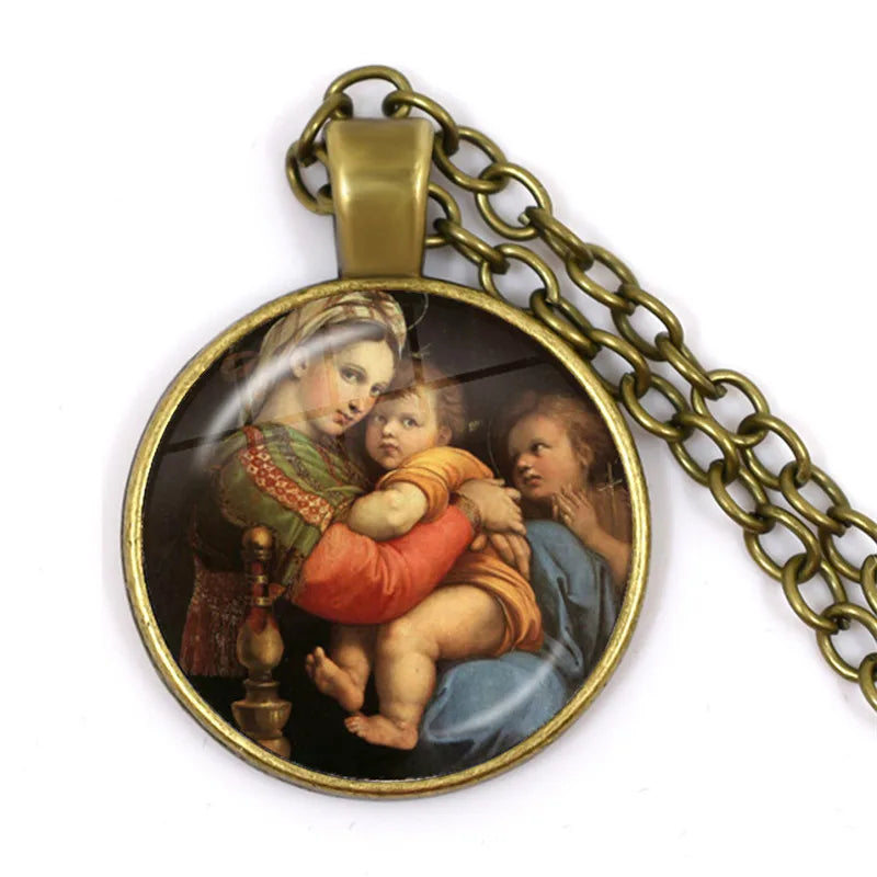 Pendant with a religious scene on a chain against a white background