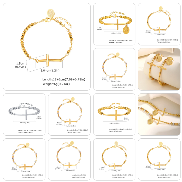 Collection of gold bracelets with various designs on a white background