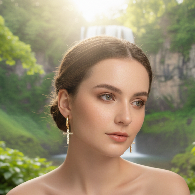 Woman wearing earrings with a natural landscape background