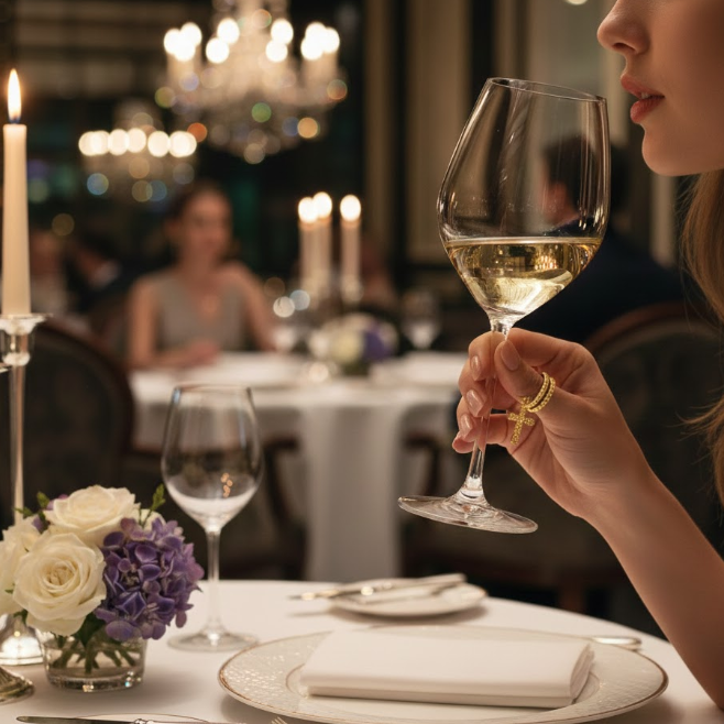 Woman holding a glass of white wine in a restaurant setting