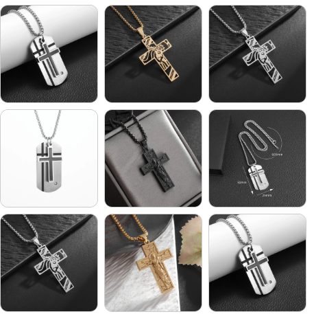 Collage of various cross-shaped necklaces on different backgrounds