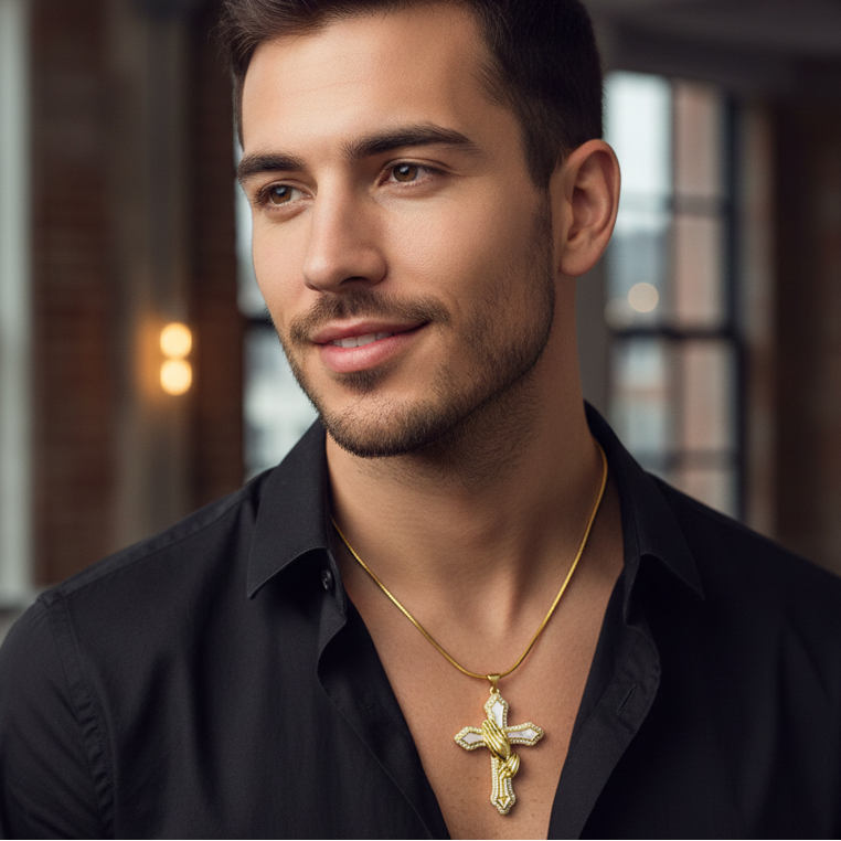 Man wearing a black shirt and gold necklace with a cross pendant indoors.