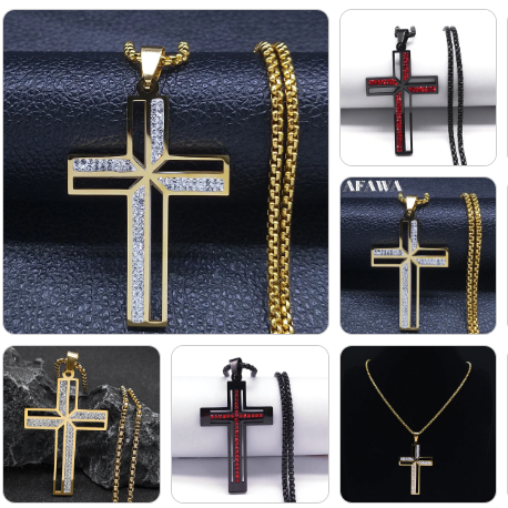 Various cross necklaces displayed in a grid on a dark background